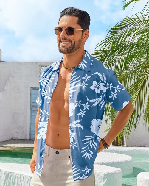 BOJIN Men's Tropical Floral Beach Shirt - Wrinkle-Free Short Sleeve Button Down | Perfect for Vacations