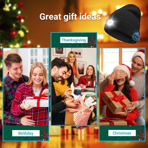 Wewow Bluetooth Beanie with Light, Beanie with 6 LED Light and Bluetooth Headphones, USB Rechargeable, Gifts for Family/Friends/Partners Black