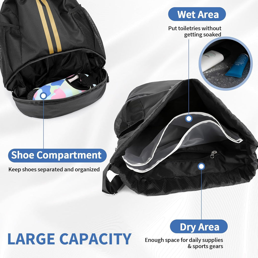 Skiennix Drawstring Backpack Gym Bag - Water-Resistant with Shoe Compartment | Black & Gold