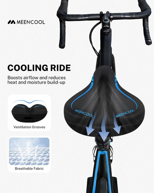 MEENCOOL Bike Seat Cushion - Gel Padded Bike Seat Cover for Men Women Comfort, Adjustable Velcro Secure Bicycle Seat Cushion Compatible with Peloton, Indoor & Outdoor Bicycle Seat(11"x7"，Blue)