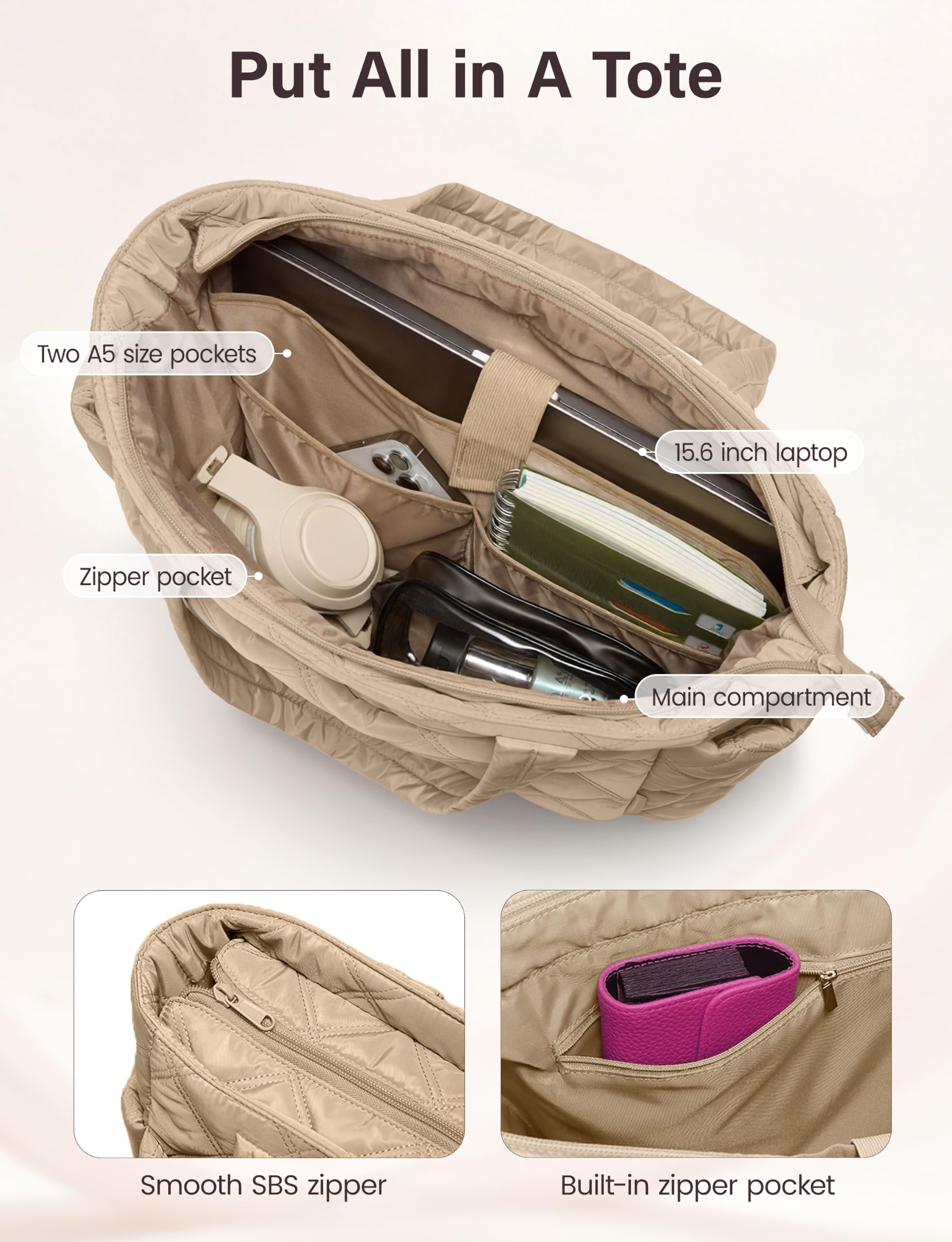 Uselike Tote Bag for Women, Lightweight Puffer Tote Work Bags with Compartments for Travel, Quilted Shoulder Bag with Zipper (Light Khaki)