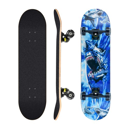 Skateboards for Beginners, 31 x 8 inch Complete Skateboard for Kids Teens Adults, 8 Layer Maple Double Kick Deck Concave Cruiser Trick Skateboard with Multifunction Skate (Shark)