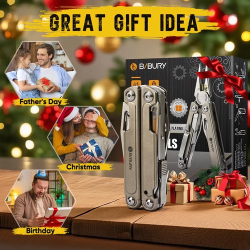 BIBURY 24-in-1 Titanium Multitool Pliers, 8.7oz Ultra-Light EDC Pocket Tool with Sheath & Belt Clip, Aerospace-Grade Titanium Handle for Camping, Hiking, DIY, Gift for Men - 2048DT