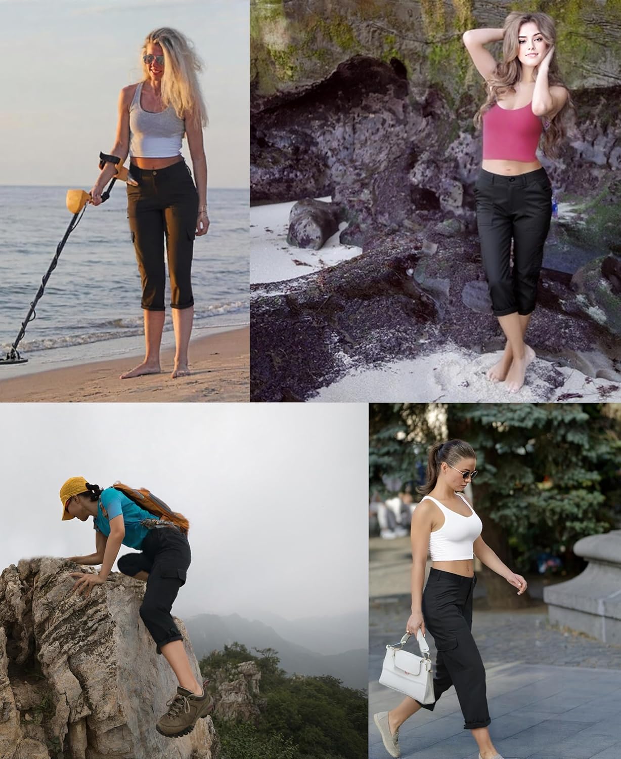 Oalka Women's Cargo Capri Pants - Relaxed Fit Knit Waist for Casual Hiking | Comfortable Cropped Style