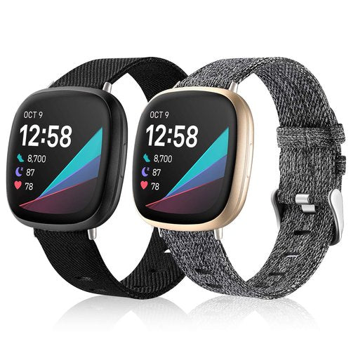 Maledan Compatible with Fitbit Versa 3 and Fitbit Sense 2 and Fitbit Versa 4 and Fitbit Sense Bands Men Women, Woven Fabric Replacement Band for Sense/Versa 3 Smartwatch, Small Black Charcoal Gray