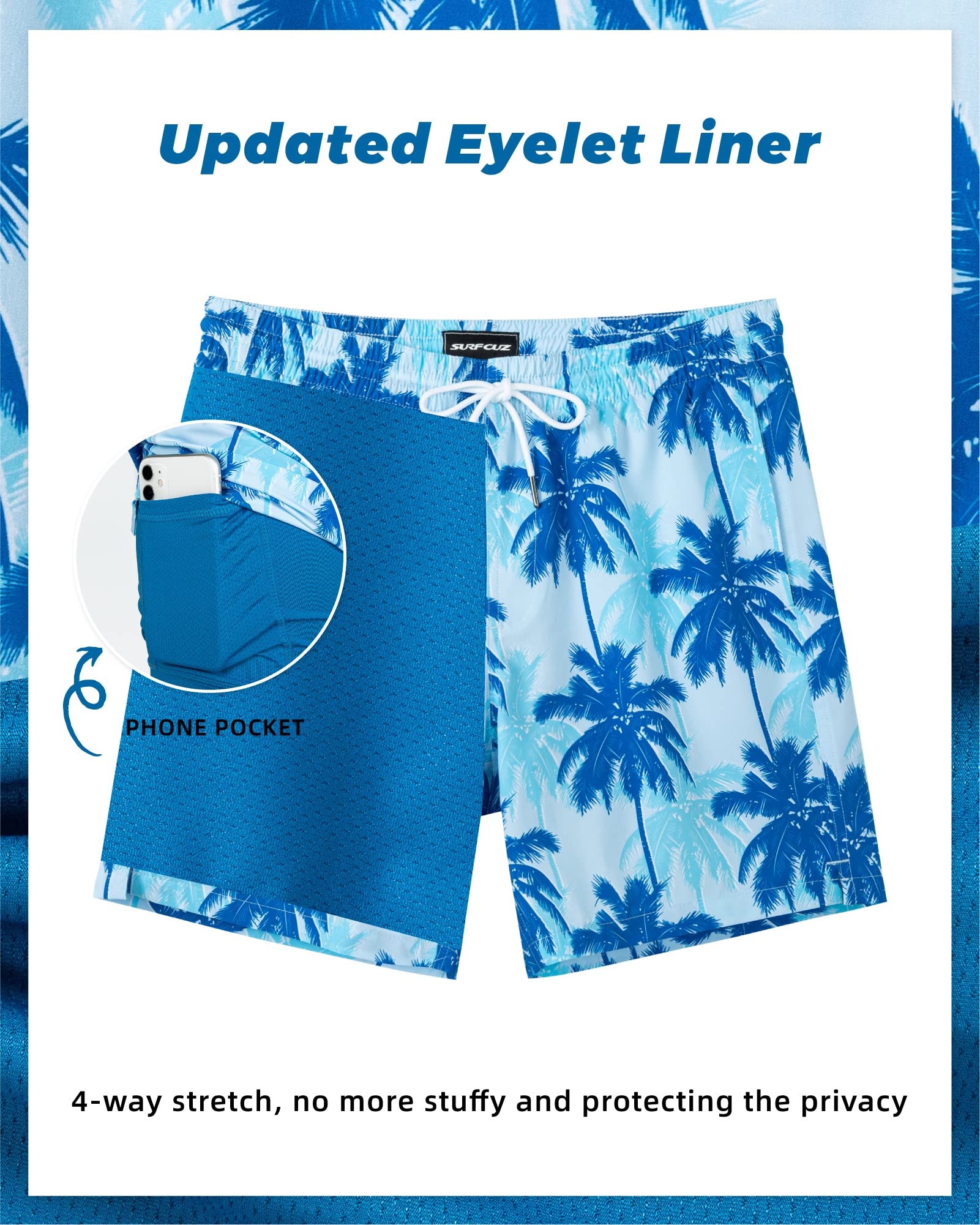 SURF CUZ Mens Swim Trunks with Compression Liner Quick Dry Swim Shorts 7" Swimming Trunks Stretch Zipper Pockets Blue Palm Tree Small