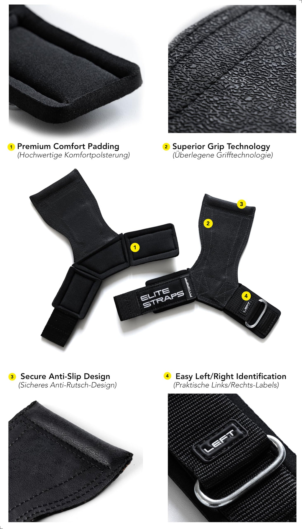 Fitgriff® Elite Straps - Lifting Wrist Straps (Rubber Grips) for Weightlifting, Gym, Workout, Deadlift - Anti-Slip Revolution for Men and Women (Black, XL)