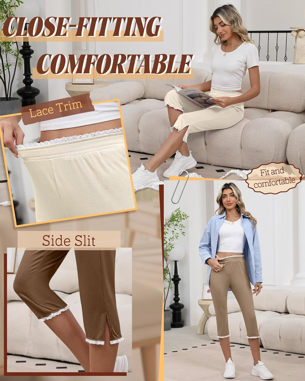 Oakgarden Women's Capri Leggings - Lace Trim Split Hem | Stretchy Summer Casual Cropped Pants