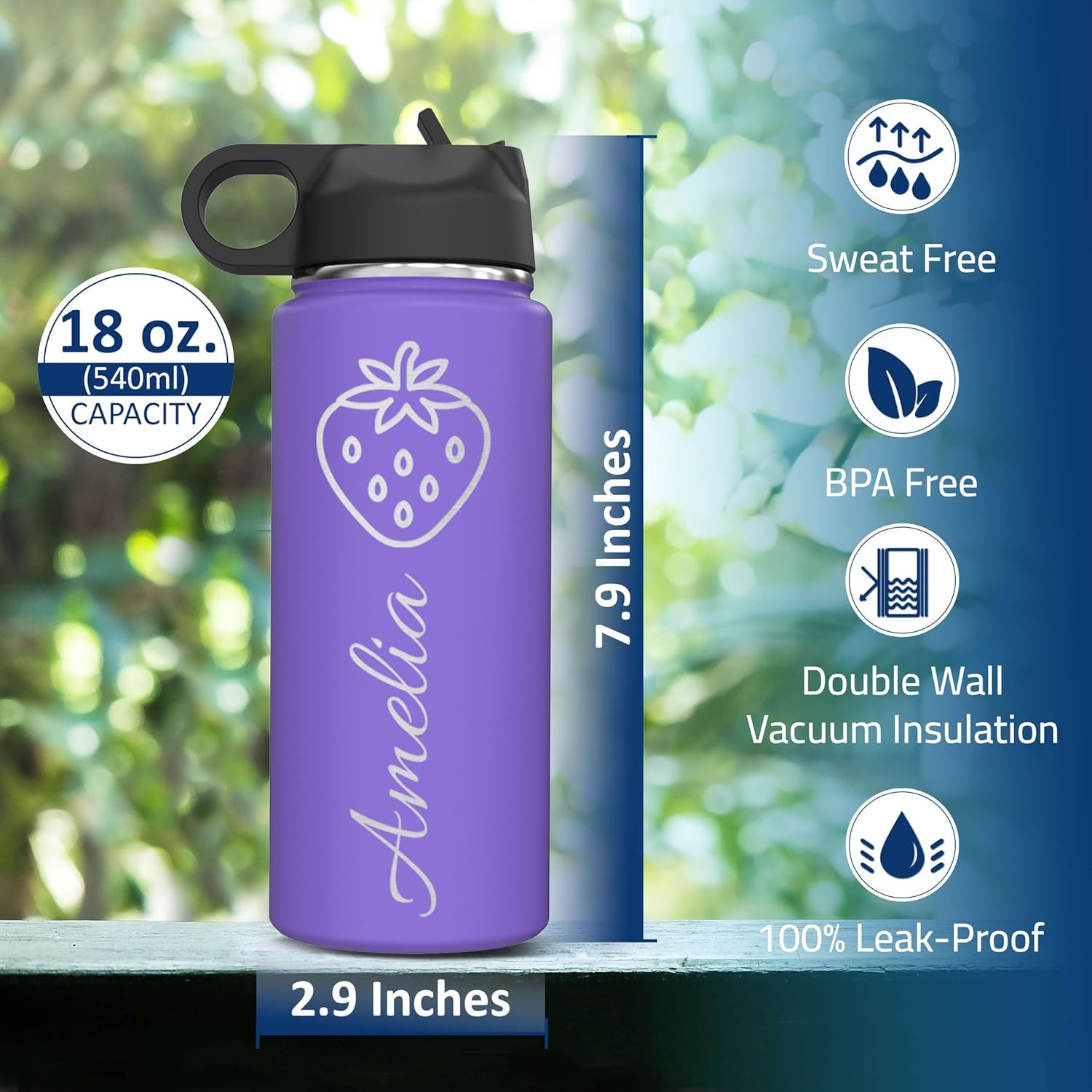 Skiennix Personalized Insulated Stainless Steel Water Bottle - Custom Engraved 18 oz | Flip Top Lid & Straw for Kids, Teens, Adults