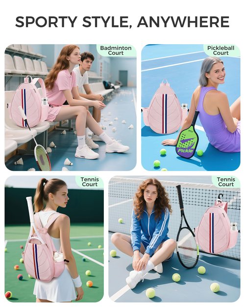 TBTOTRA Tennis Bag, Water Resistant Tennis Backpack for Women Men, Quilted Crossbody Sling Design for Tennis, Pickleball, Badminton Rackets, Pink