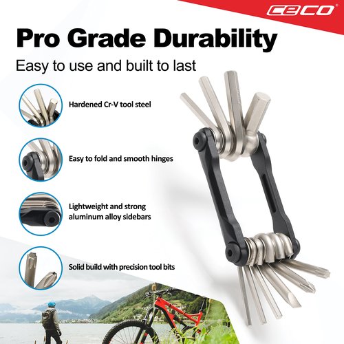 CECO USA 10 Function Bike Tool, Bicycle Multi Tool, Heavy Duty, Compact Pocket Sized, Lightweight, High Strength CR-V 6150 Tool Steel, Easy To Carry, Case Pouch Included, Original