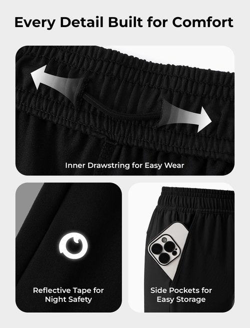 PATPAT Boys Ultra-Soft Quick-Dry Athletic Pants with Pockets & Inner Drawcord, Lightweight Joggers for Sports Training, Black, S