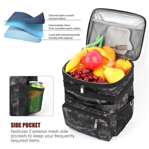 MIYCOO Lunch Bag & Lunch Box for Men Women, Double Deck Leakproof Insulated Soft Large Adult Camping Cooler bag for Work, Beach, Picnic, Travel (Black Camo, 15L)