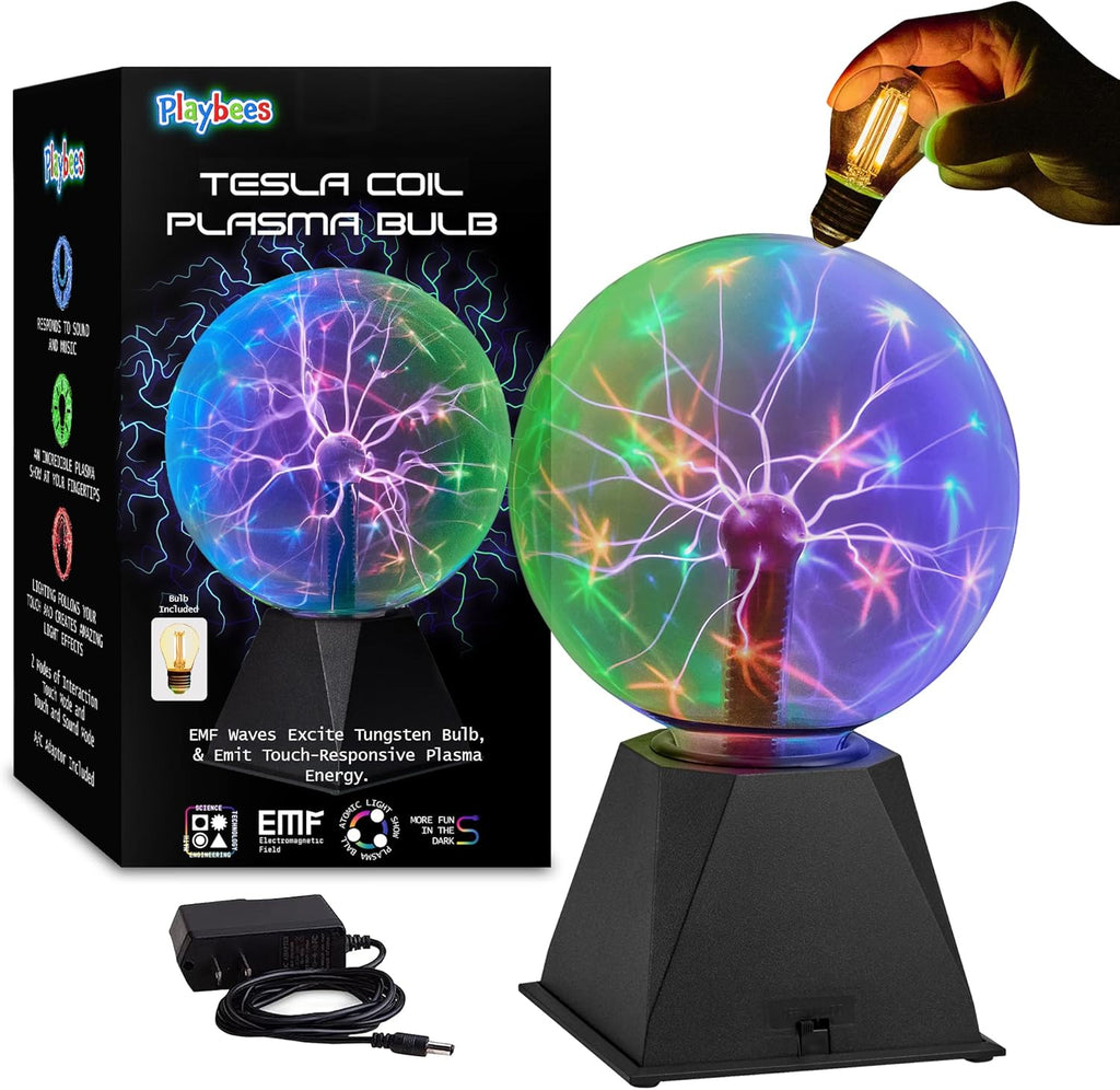 Playbees Plasma Ball 7-Inch - Colorful Tesla Coil Globe with Multicolor Lightning Effects for STEM Learning & Parties