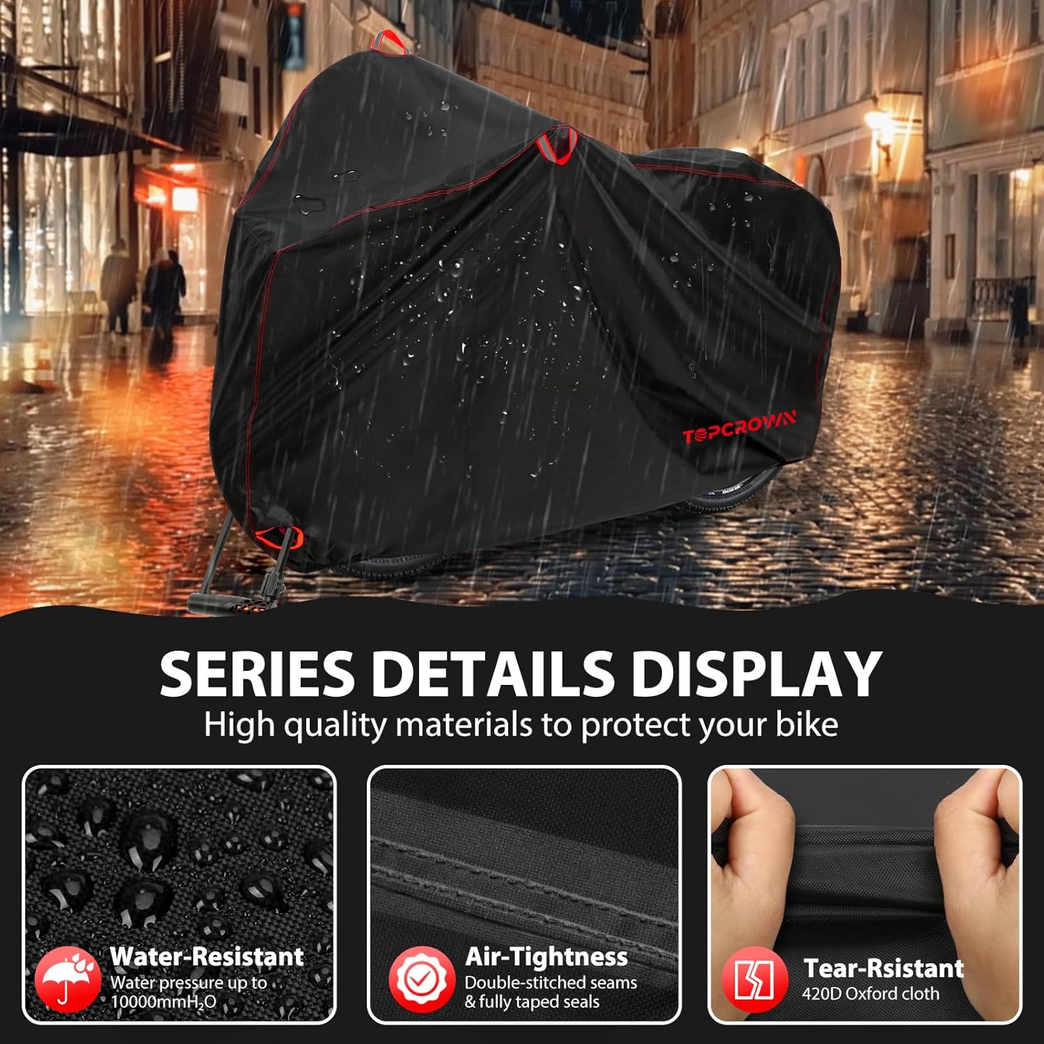 Topcrown Waterproof Bike Cover - Outdoor Storage for 3 Bikes | UV & Dust Protection, XXXL Size (Black & Red)