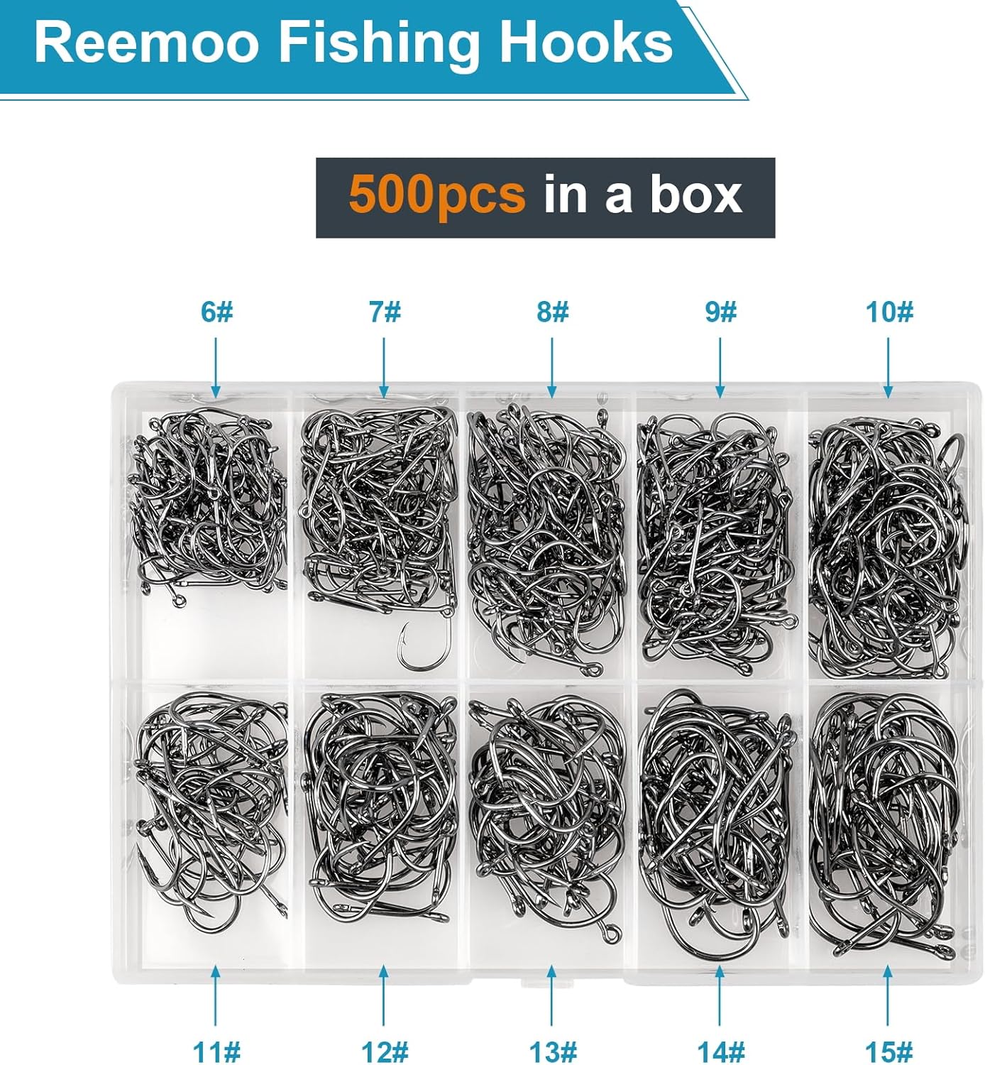 ReeMoo Premium Fishing Hooks - Strong Carbon Steel with Barbs | 500PCS in 10 Sizes with Portable Box