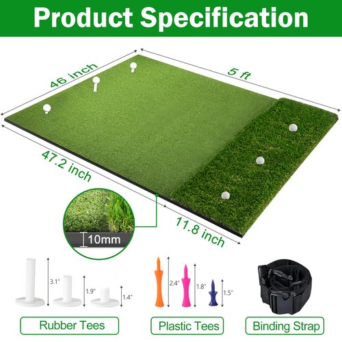 MONOJOY Golf Hitting Mat 5x4ft, Thick 31mm Artificial Turf Practice Mat with 6 Tees, Durable EVA Backing for Indoor | Outdoor Driving, Chipping & Swing Training