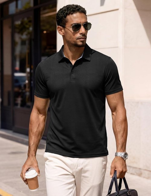 MAGCOMSEN Men's Polo Shirts Short Sleeve Cotton Pique 3 Button Classic Fit Casual T-Shirt Performance Golf Shirts