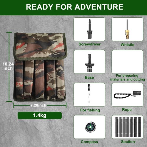 Survival Hiking Stick (8-Section Design), Modular Survival Walking Stick with 8-in-1 Essential Tools, Collapsible Survival Hiking Stick for Camping, Bushcraft, and Outdoor Safety