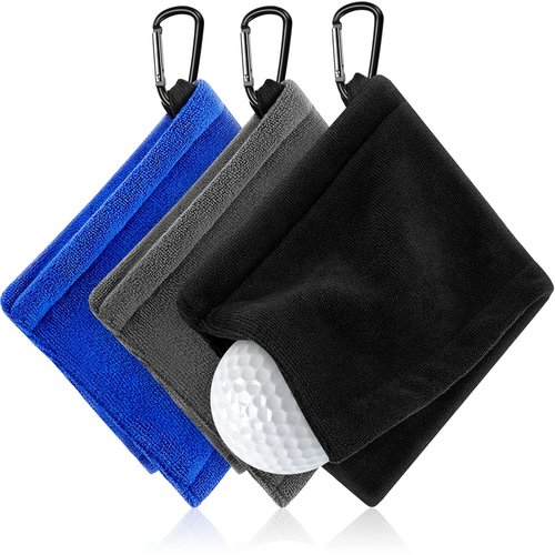 Flutesan 3 Pieces Golf Ball Towel 5.5 x 5.5 Inch, Wet and Dry Small Pocket Towel with D Clip Portable Golf Ball Cleaner Accessories for Men Women Course Exercise(Black, Grey, Blue)