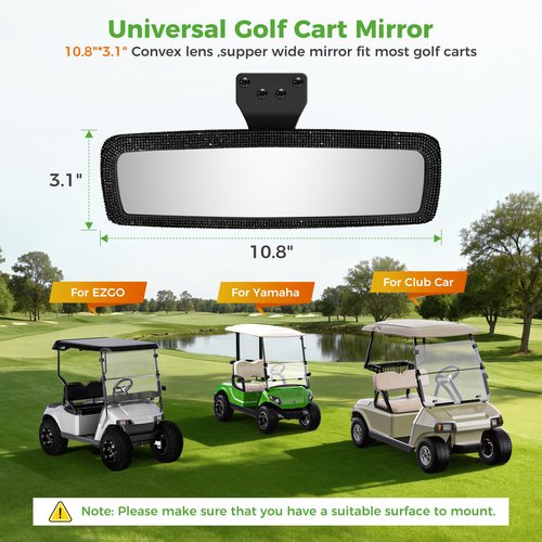 10L0L Bling Rhinestone Golf Cart Mirror for Yamaha, EZGO, Club Car, Universal 360° Adjustable Crystal Diamond Rear View Mirror with Wide Angle View, Shatterproof Glass Lens, Easy Installation