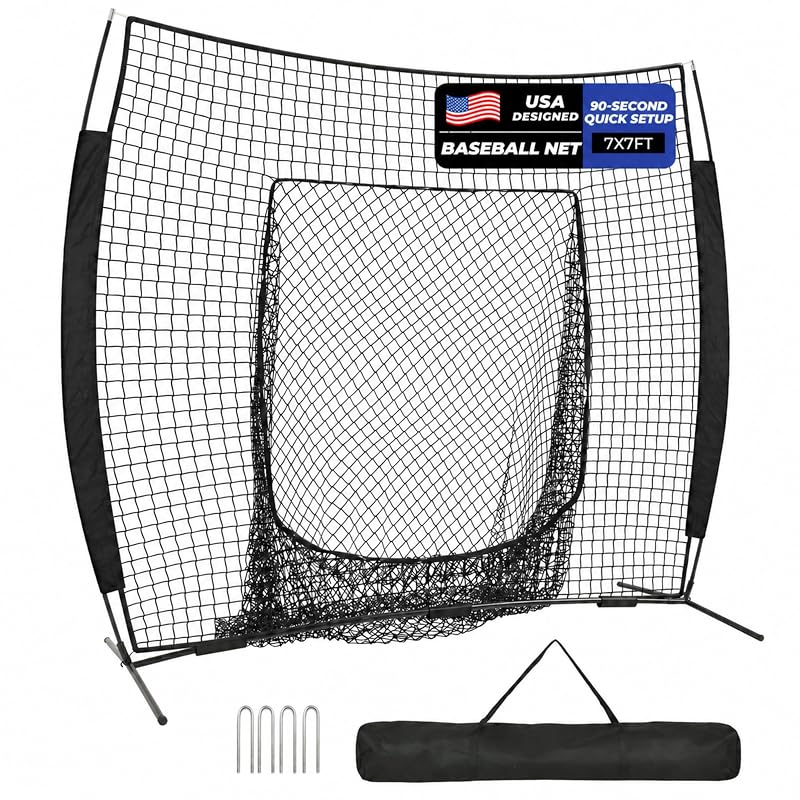 7x7ft Baseball Net for Batting Hitting Pitching - Black, 90-Second Setup