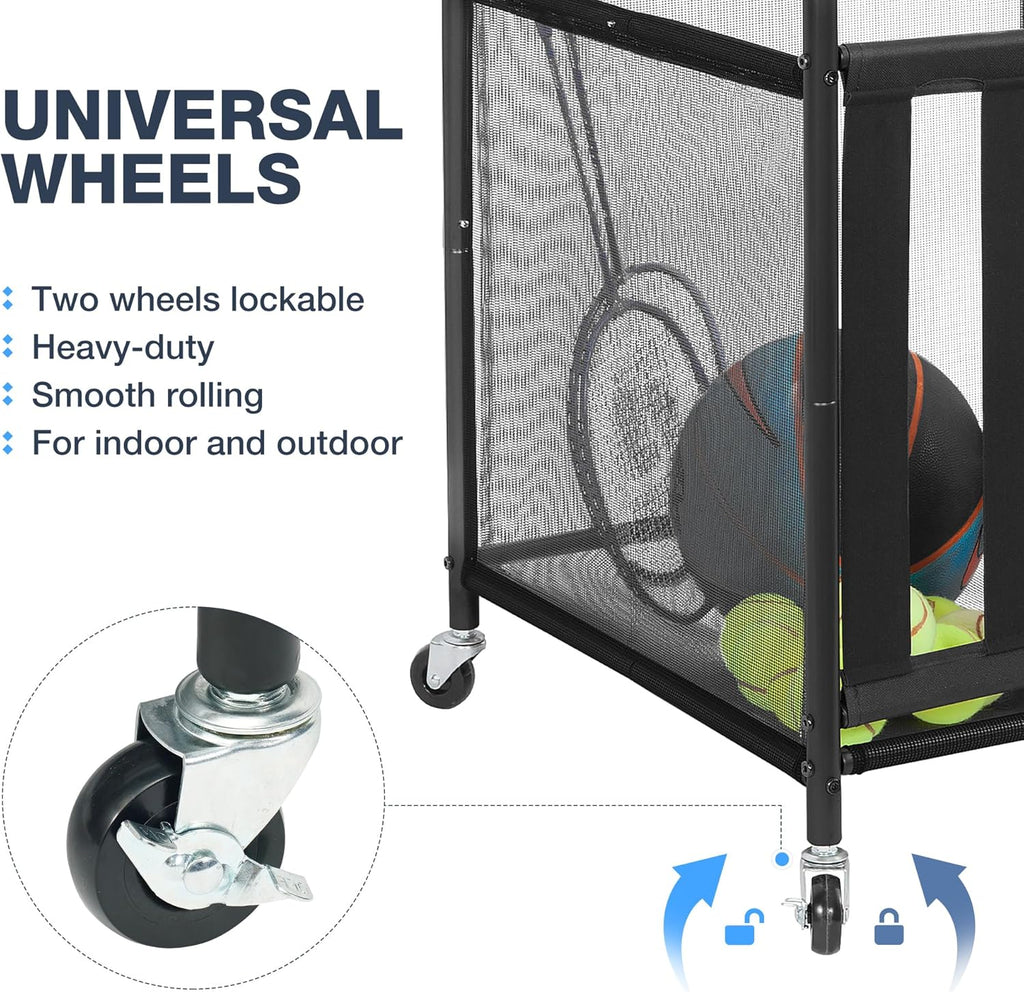 STO STO Rolling Sports Ball Storage Cart - Lockable Basketball Cage & Organizer | Steel Rack for Indoor/Outdoor Use, Black