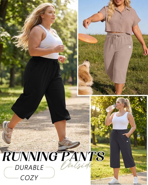 Neer Women's Plus Size Capris - Wide Leg Casual Drawstring Pants with Pockets | 3 Pack