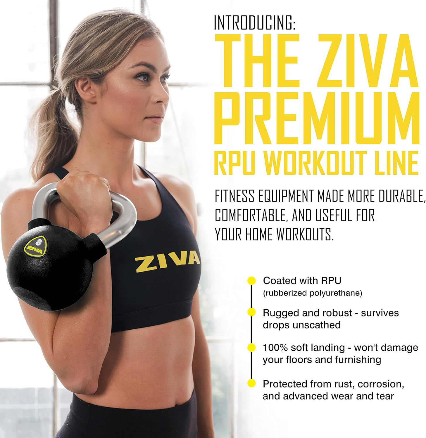 ZIVA Premium Kettlebell - Commercial Grade Rubber Urethane Coated Weights for Home Gym | 5-50 lbs