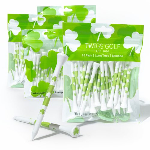 Twigs Golf Tees, Long Bamboo Tees, 100 Count, 3-1/4 inch, Shamrock Design