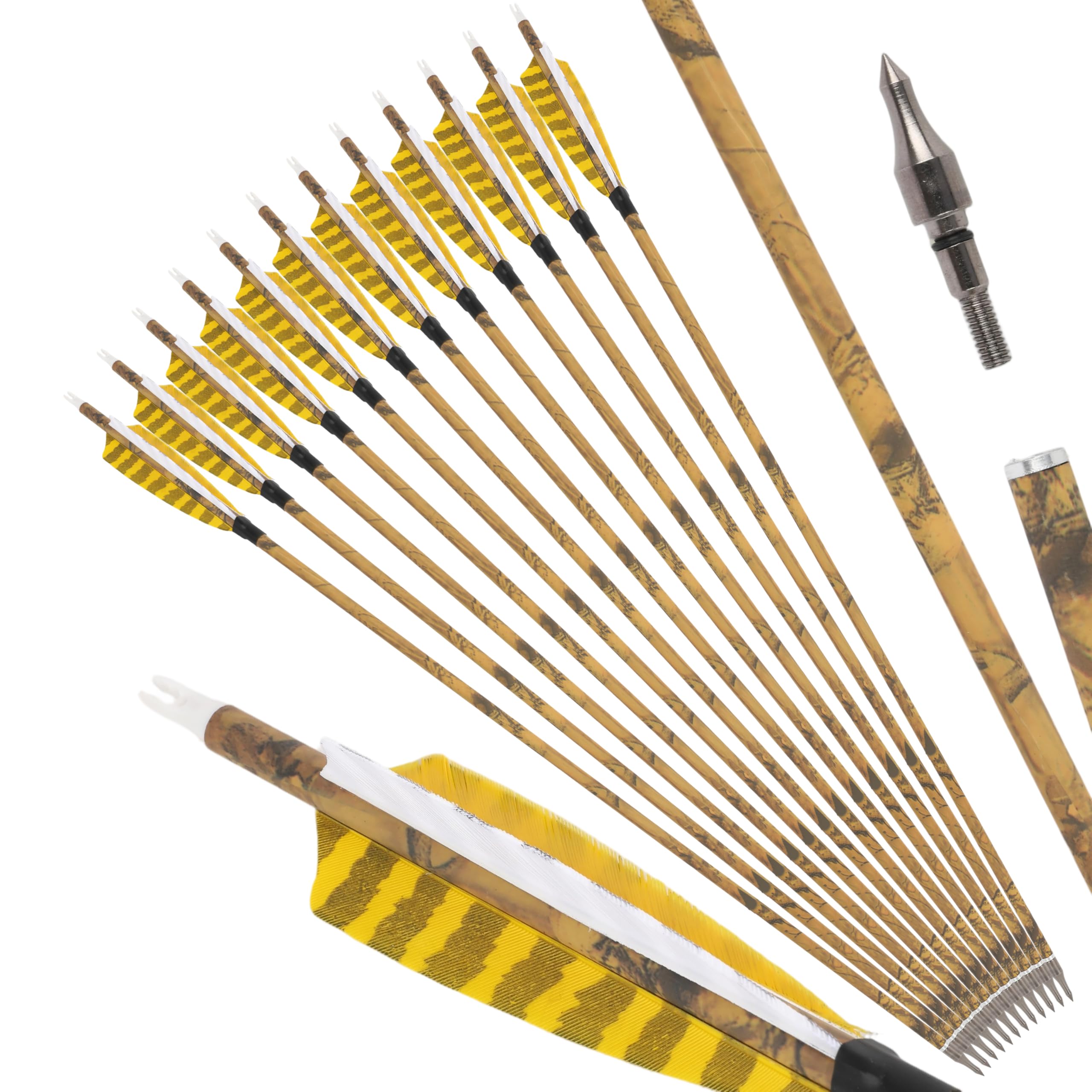ZSHJGJR 30” Carbon Arrows Hunting Arrows with 4” Turkey Feather Removable Tips Archery Targeting Practice Arrows 500 Spine for Compound & Recurve & Traditional Bow 6/12pcs (12, Yellow & White)