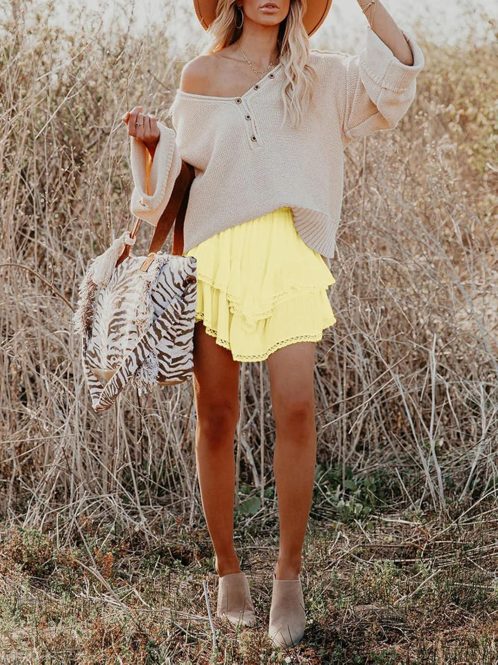 Aoudery Flowing Women's Shorts - Casual Boho Ruffle Tiered Skorts | High Waist Mini Golf & Tennis