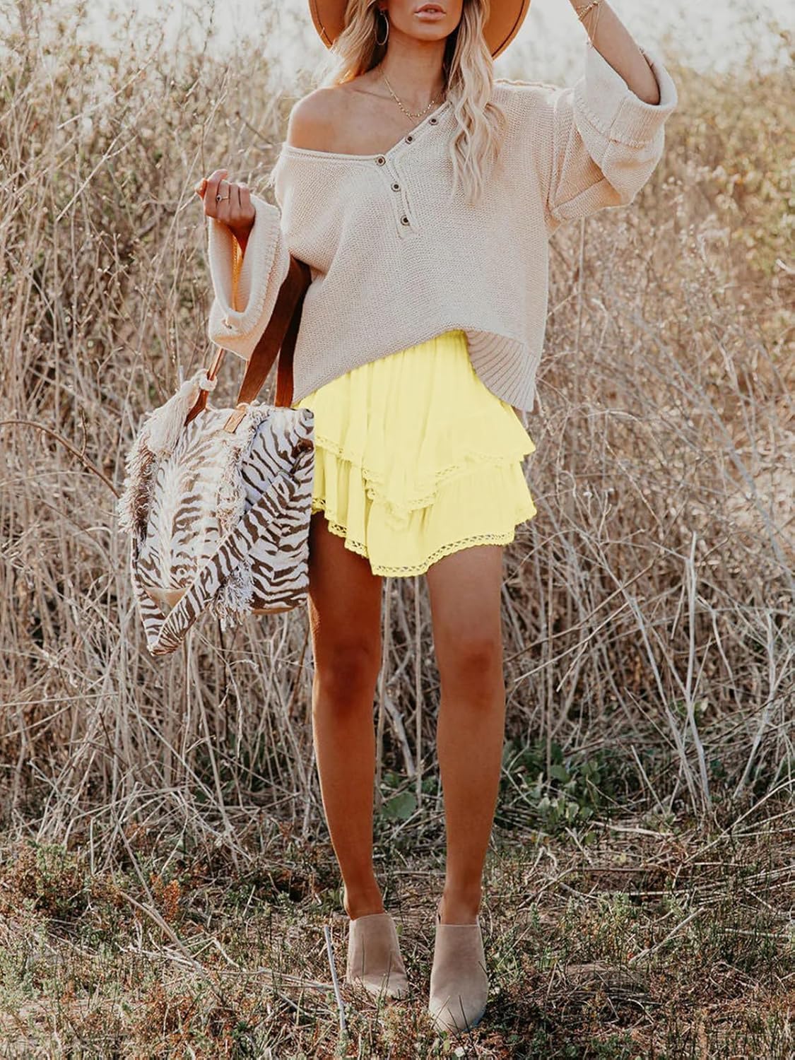 Aoudery Flowing Women's Shorts - Casual Boho Ruffle Tiered Skorts | High Waist Mini Golf & Tennis