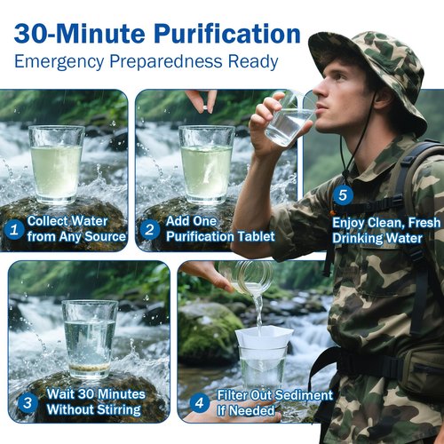 Water Purification Tablets (100 Count) - Emergency Water Treatment for Camping, Survival & Travel - Iodine-Free NaDCC Formula, No Chemical Aftertaste - Essential Addition to First Aid & Survival Kits