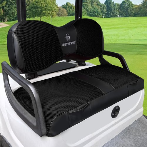 Golf Cart Seat Covers Fits Yamaha G29/Drive2 Standard Seat Cushion,Cooling Mesh Fabric and Vinyl Leather Yamaha Seat Covers with Pockets,No Stapler Needed Replacement Front Seat Cover(Black)