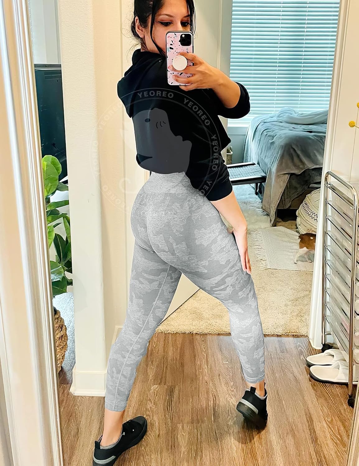 YEOREO Women's High-Waisted Camo Workout Leggings - Seamless Tummy Control Yoga Pants | Grey, Size M