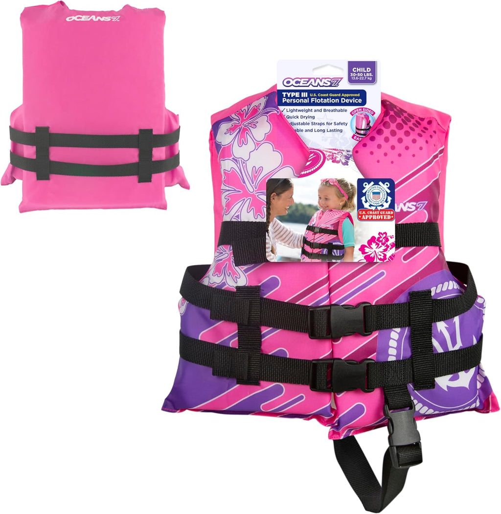 Oceans7 Kids Life Jacket - US Coast Guard-Approved Type III PFD | Flexible-Fit Open-Sided Design - Pink/Berry 30-50 lbs