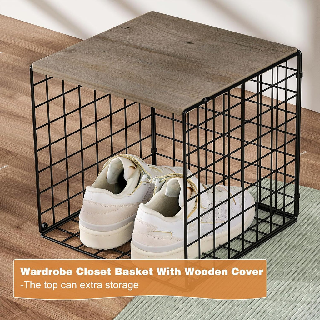 Skiennix 4-Tier Stackable Closet Organizer - Space-Saving Storage Baskets with Wood Top | Black