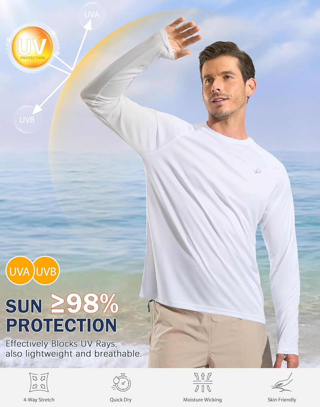 Pudolla Men's UV Protection Shirt - Lightweight Quick-Dry Long Sleeve Rash Guard | UPF 50+ for Fishing & Swimming
