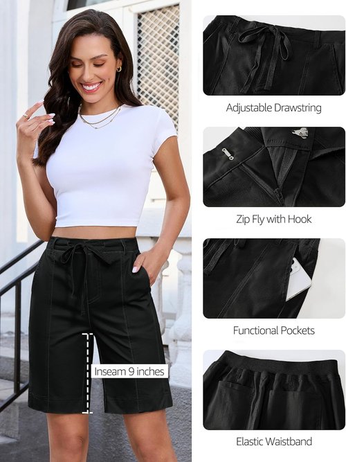 luvamia Bermuda Shorts for Women Trendy High Waist Knee Length Chino Long Shorts Drawstring Summer Casual Short 9"