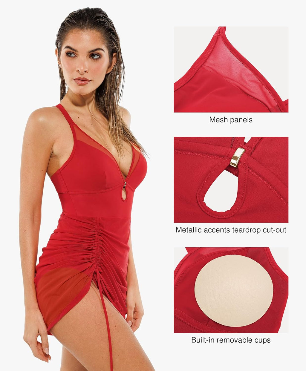 Popilush One-Piece Swim Dress for Women - Tummy Control & Slimming Mesh Sheer Wraps