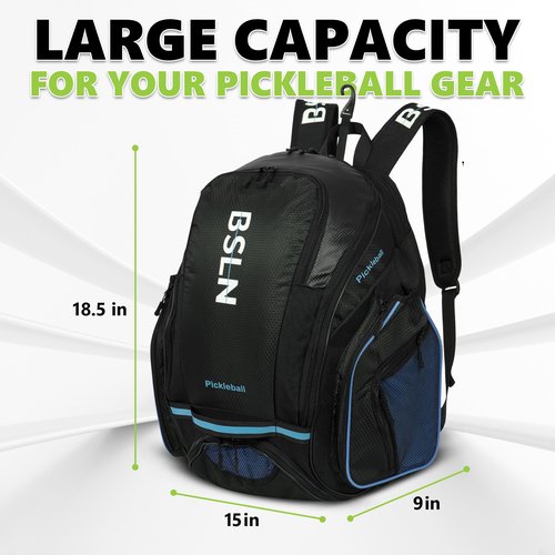 BSLN Pickleball Bag - Large Pickle Ball Sports Backpack with Padded Paddle Pockets & Large Bottom Sack for Shoes - Hanging Fence Hook, Storage Compartments for Laptop, Insulated Water Bottle (blue)