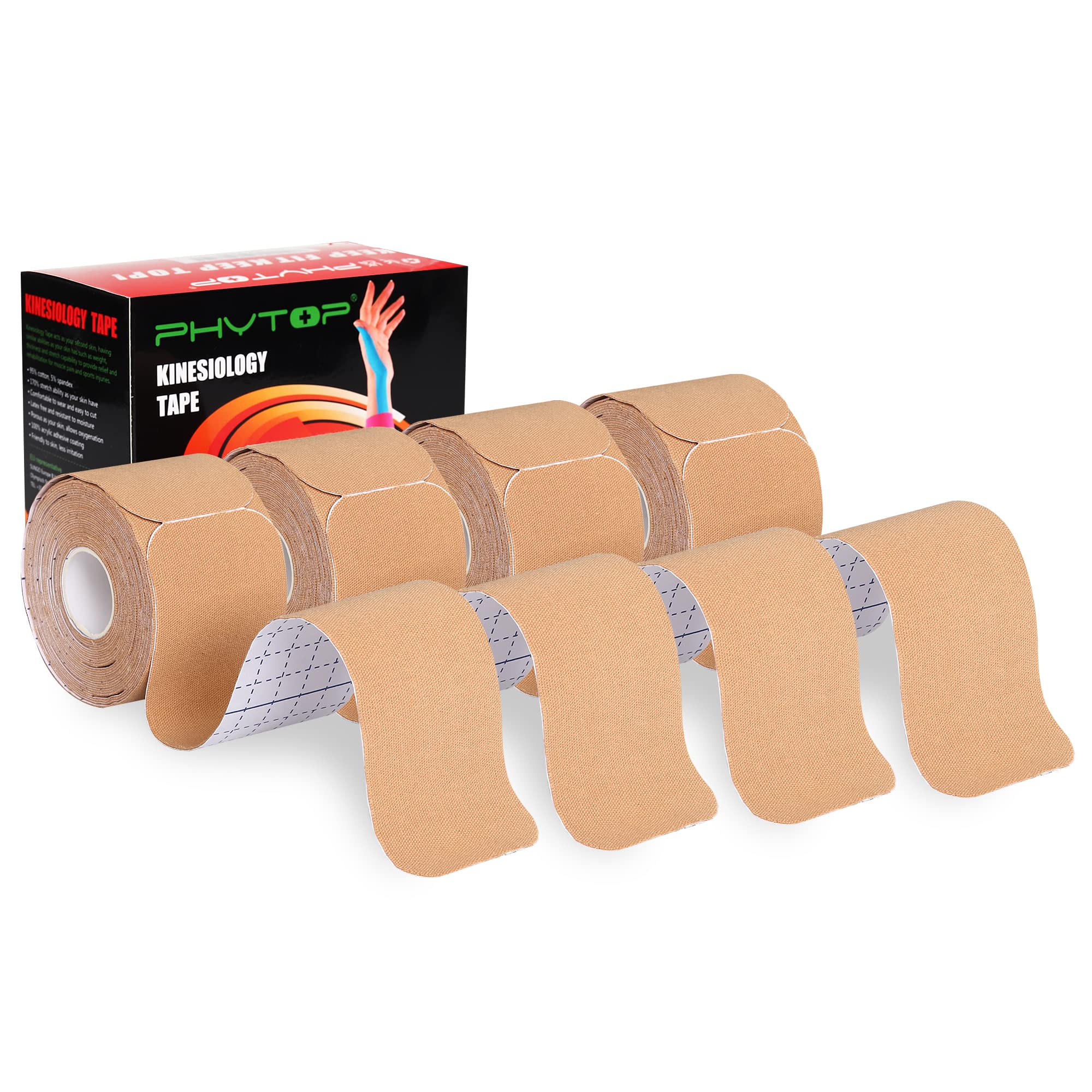 PHYTOP Kinesiology Tape Precut Strips - 4 Rolls Beige (2"x16.4ft) - Waterproof K Sports Tape for Muscle Support, Easy Application, Breathable & Latex Free
