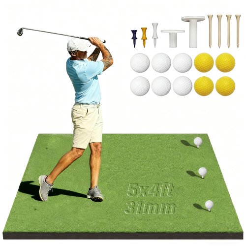 Domivans Golf Mat Elite Golf Hitting Mats Practice Outdoor & Indoor,5x4ft Turf Driving Range Mats for Golf Simulators and Practice with 10 Balls,9 Tees,31mm Thickening