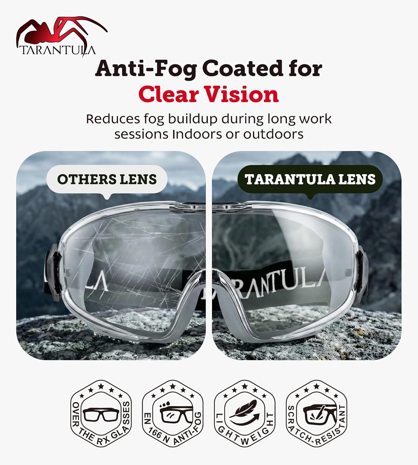 Tarantula Safety Goggles - ANSI Z87.1+ Over Glasses with Anti-Fog & Anti-Scratch Features | Adjustable Strap for Lab & Woodworking