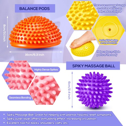 Meooeck 8pcs Hedgehog Balance Pods with Hand Pump Including 1 Balanced Pad, 3 Balance Pods, 4 Spiky Massage Balls for Body Balancing, Sensory Play for Kid Adult Dog Exercise Stability(Vivid Colors)