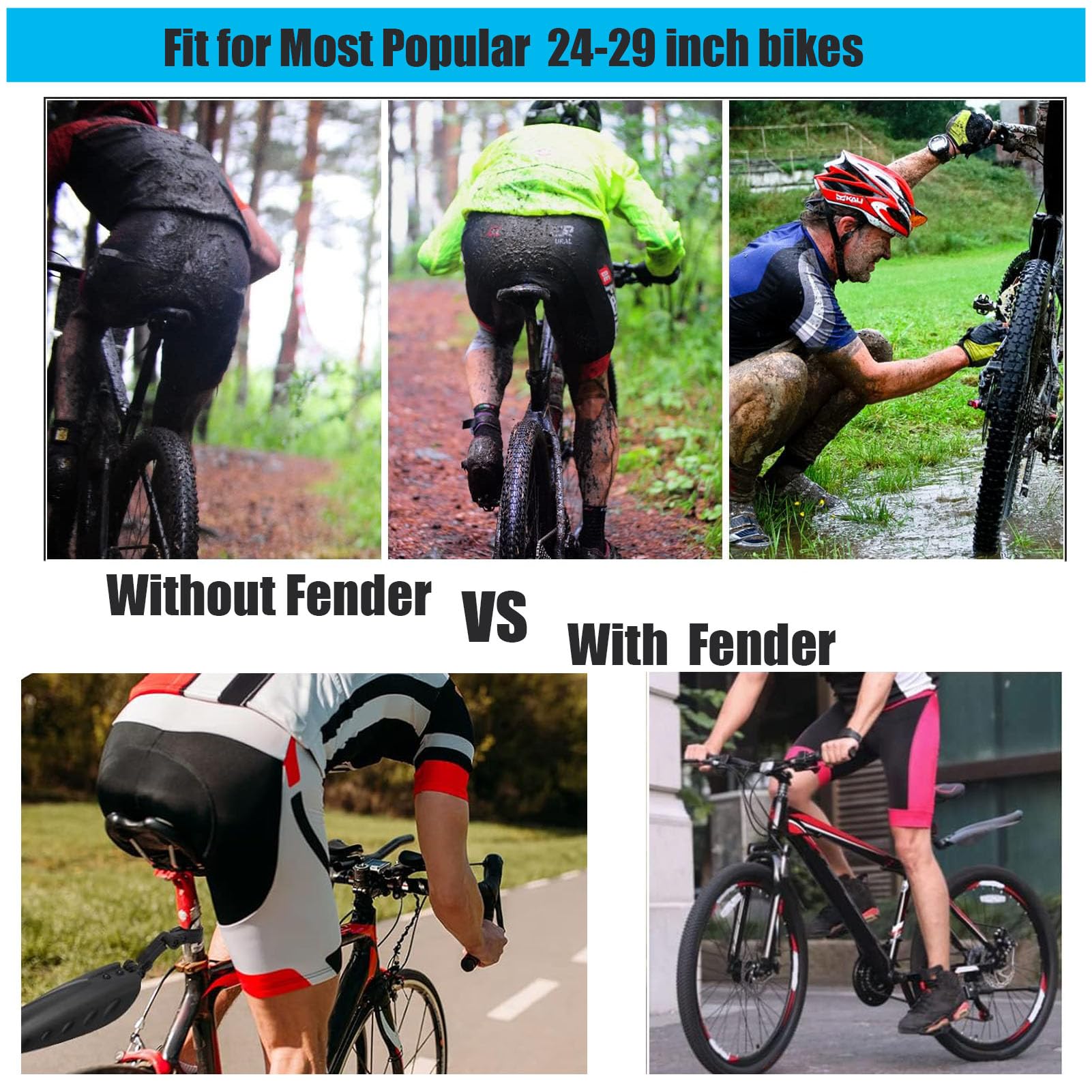 TuTuYa Bike Fender Set, Adjustable Bicycle Mudguards with 2 Arrow Reflective Stickers and 1 Reflective Tape, for 24-29 inch Bikes, Universal Front and Rear Tire Mud Guard for Most of Popular Bicycles