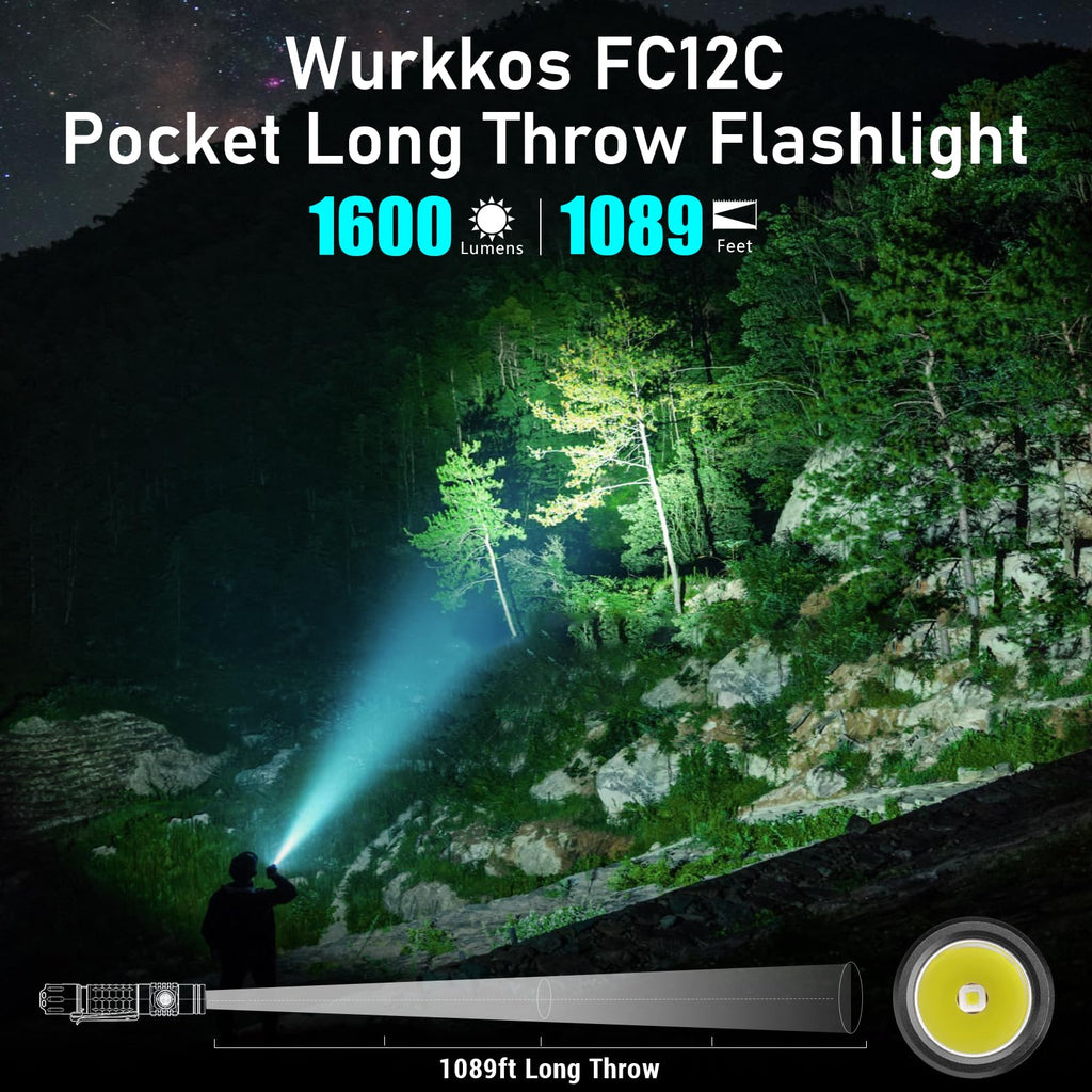 Wurkkos FC12C Tactical Flashlight 1600 High Lumens, Rechargeable LED Flashlights, 332M Long Throw Flash Light, IP68 Waterproof, Dual Switches and Constant Current Circuit for Home Camping Hiking