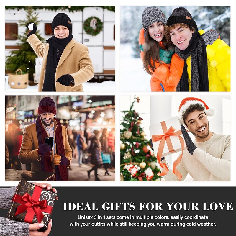 Mens Winter Beanie Hat and Scarf with Touchscreen Gloves Set - Black, One Size