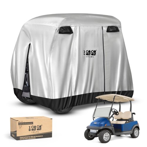 10L0L 4 Passenger Golf Cart Cover for Yamaha EZGO Club Car, 400D Polyester All-Weather Waterproof Golf Cart Storage Cover with Three Zipper Doors-Silver